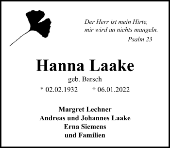 Traueranzeige von Hanna Laake von Hannoversche Allgemeine Zeitung/Neue Presse