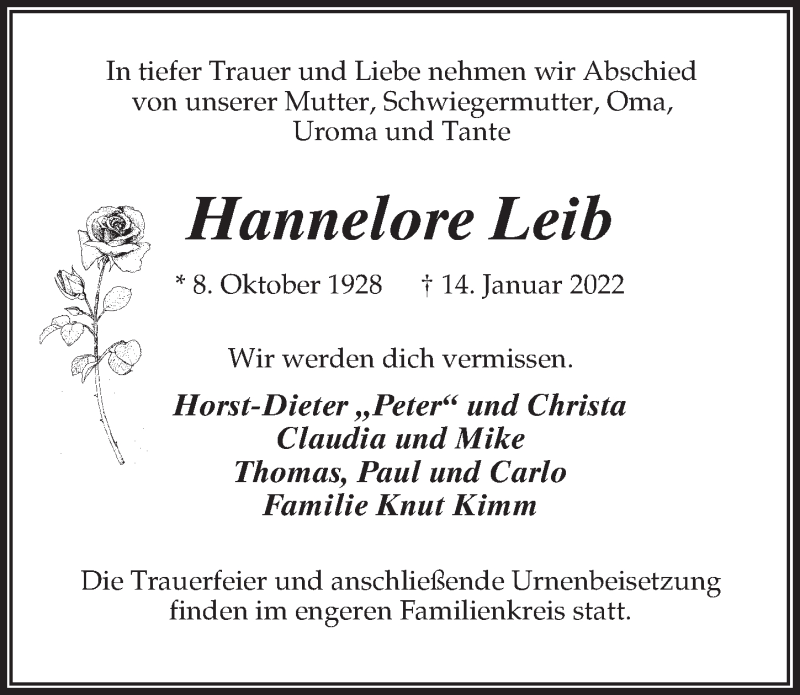  Traueranzeige für Hannelore Leib vom 22.01.2022 aus Märkischen Allgemeine Zeitung