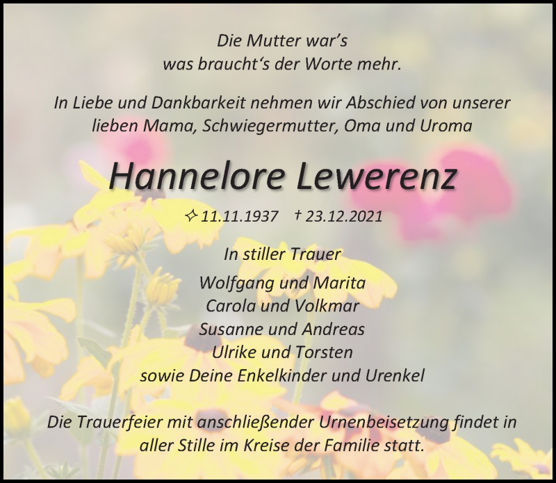  Traueranzeige für Hannelore Lewerenz vom 08.01.2022 aus Ostsee-Zeitung GmbH