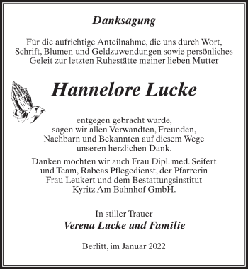 Traueranzeige von Hannelore Lucke von Märkischen Allgemeine Zeitung