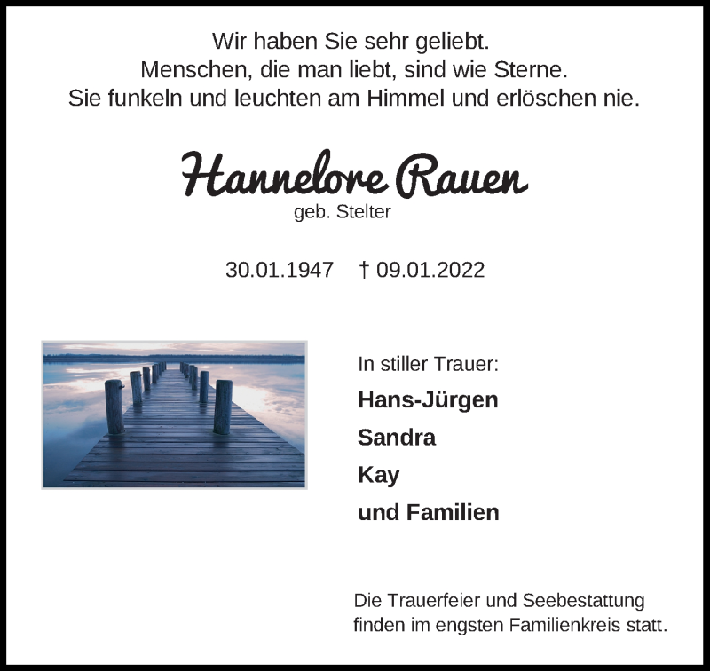  Traueranzeige für Hannelore Rauen vom 14.01.2022 aus Hannoversche Allgemeine Zeitung/Neue Presse