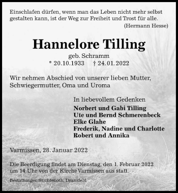 Traueranzeige von Hannelore Tilling von Göttinger Tageblatt