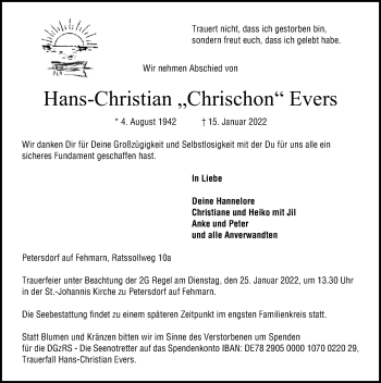 Traueranzeige von Hans-Christian Evers von Lübecker Nachrichten