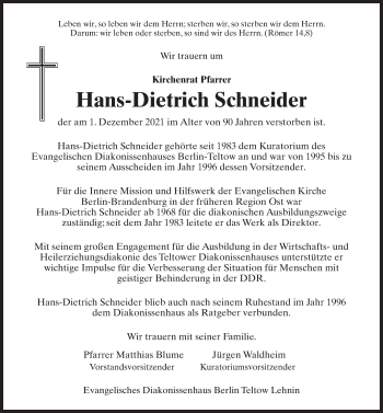 Traueranzeige von Hans-Dietrich Schneider von Märkischen Allgemeine Zeitung