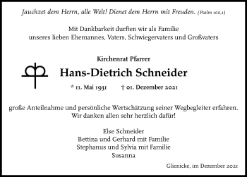 Traueranzeige von Hans-Dietrich Schneider von Märkischen Allgemeine Zeitung