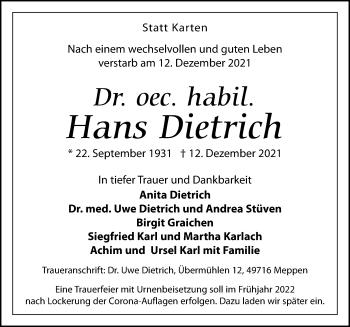 Traueranzeige von Hans Dietrich von Leipziger Volkszeitung