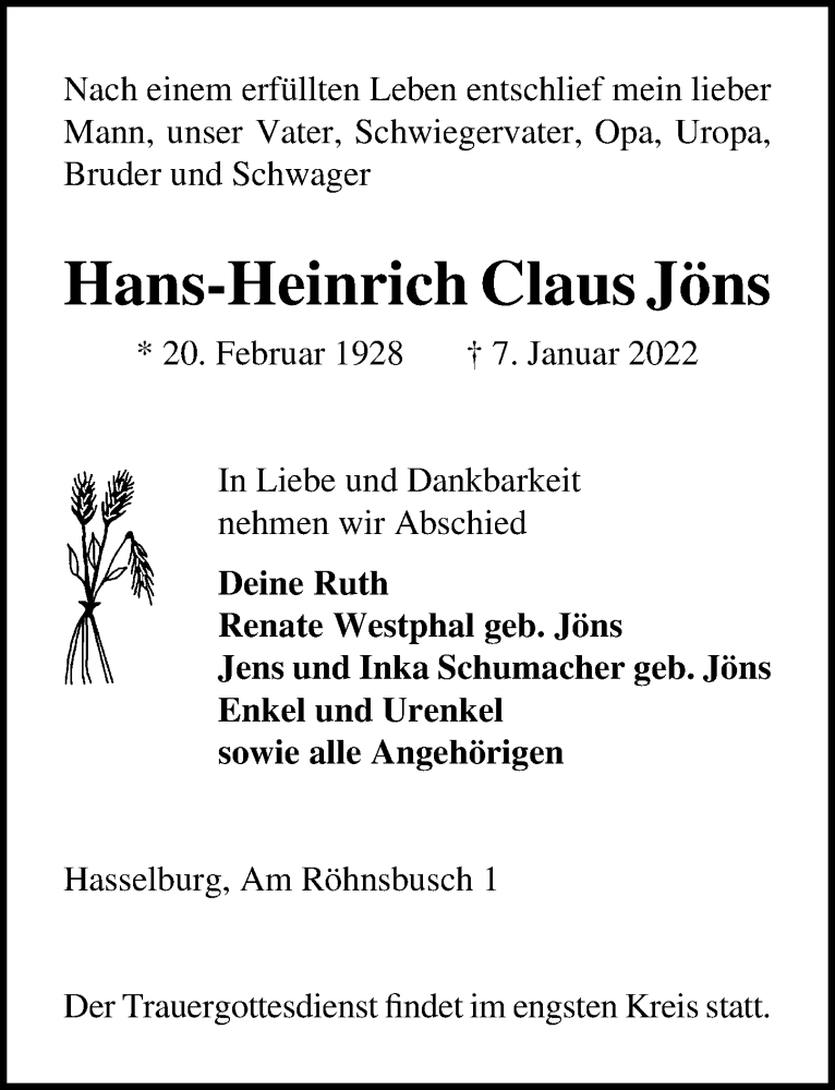  Traueranzeige für Hans-Heinrich Claus Jöns vom 12.01.2022 aus Lübecker Nachrichten