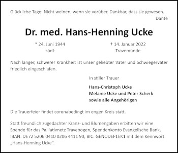 Traueranzeige von Hans-Henning Ucke von Lübecker Nachrichten