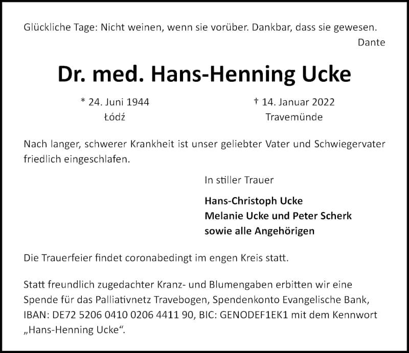  Traueranzeige für Hans-Henning Ucke vom 23.01.2022 aus Lübecker Nachrichten