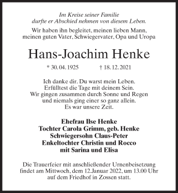 Traueranzeige von Hans-Joachim Henke von Märkischen Allgemeine Zeitung