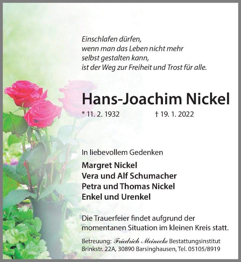  Traueranzeige für Hans-Joachim Nickel vom 22.01.2022 aus Hannoversche Allgemeine Zeitung/Neue Presse