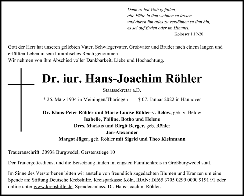  Traueranzeige für Hans-Joachim Röhler vom 15.01.2022 aus Hannoversche Allgemeine Zeitung/Neue Presse