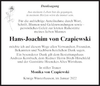 Traueranzeige von Hans-Joachim von Czapiewski