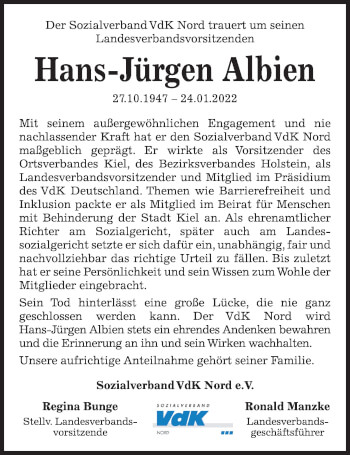 Traueranzeige von Hans-Jürgen Albien von Kieler Nachrichten