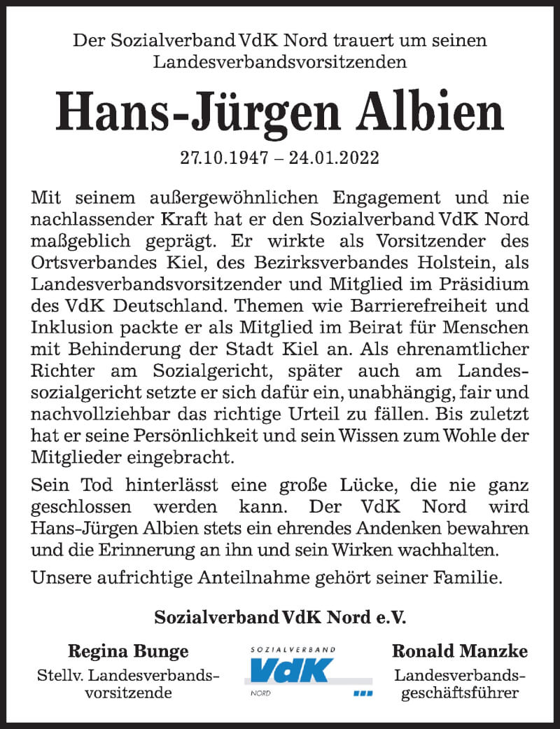  Traueranzeige für Hans-Jürgen Albien vom 29.01.2022 aus Kieler Nachrichten