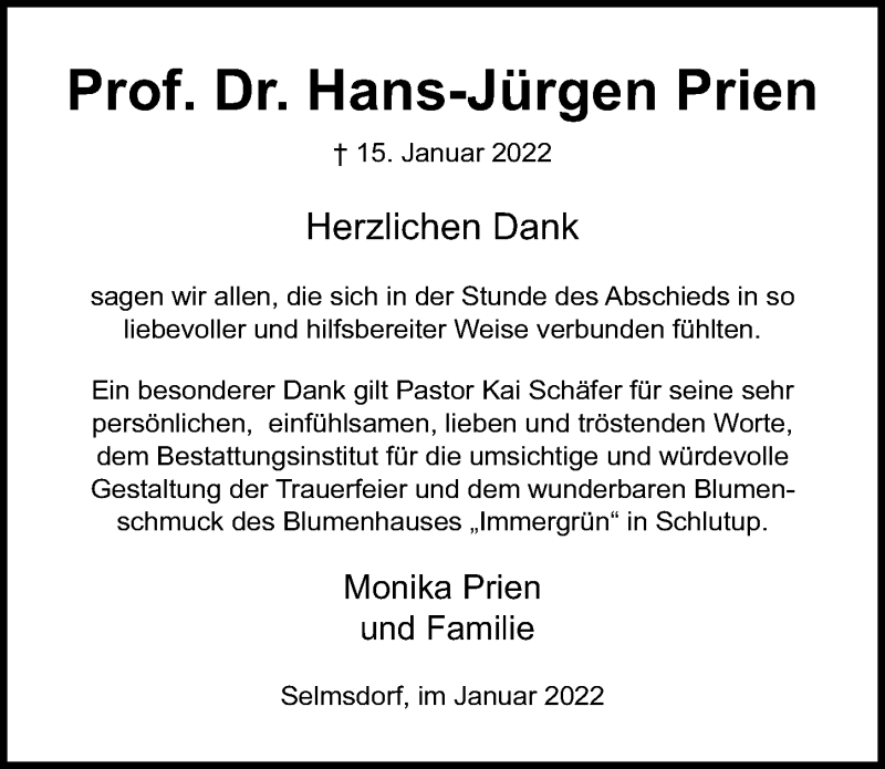  Traueranzeige für Hans-Jürgen Prien vom 30.01.2022 aus Lübecker Nachrichten