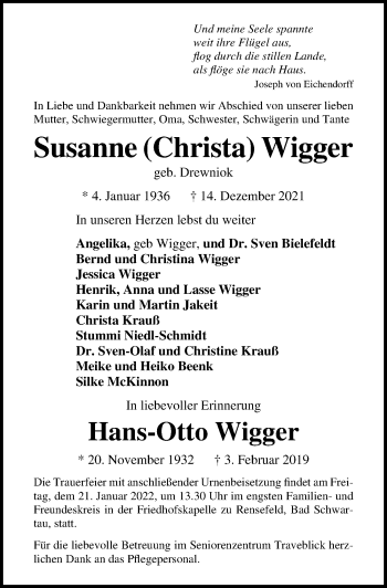 Traueranzeige von Hans-Otto Wigger von Lübecker Nachrichten