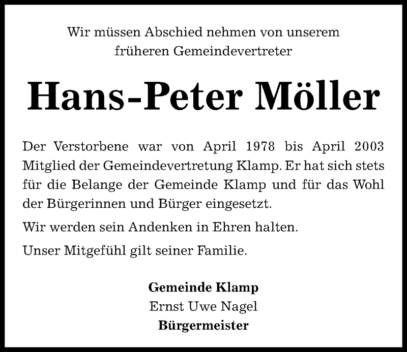  Traueranzeige für Hans-Peter Möller vom 12.01.2022 aus Kieler Nachrichten