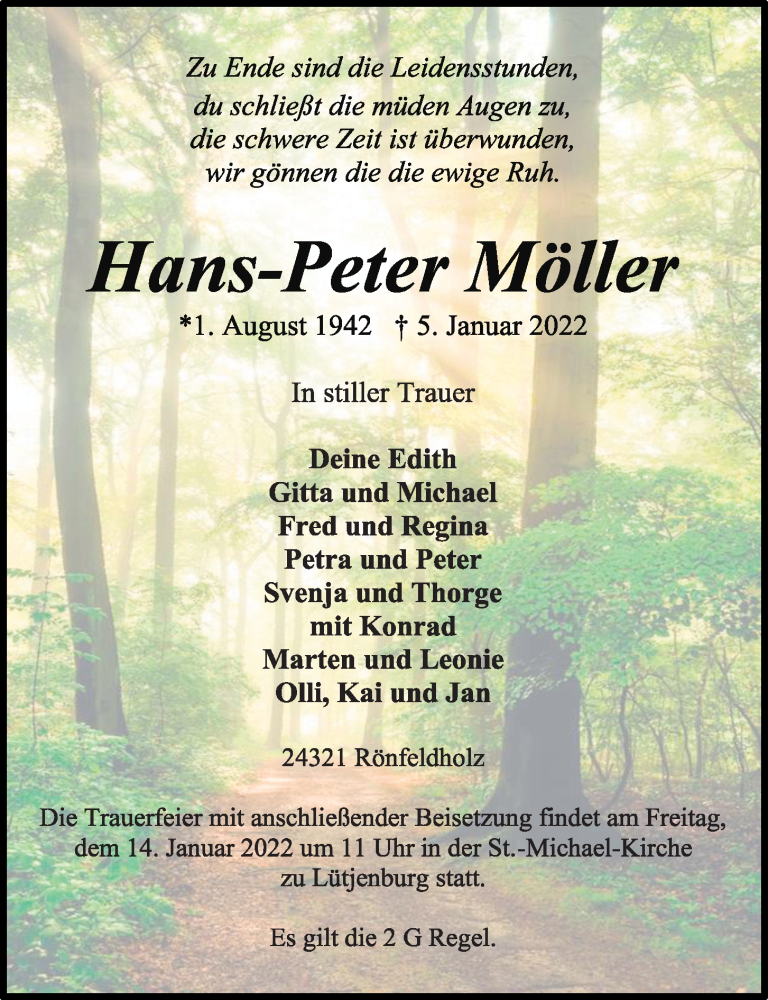  Traueranzeige für Hans-Peter Möller vom 08.01.2022 aus Kieler Nachrichten