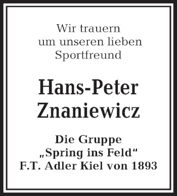 Traueranzeige von Hans-Peter Znaniewicz von Kieler Nachrichten
