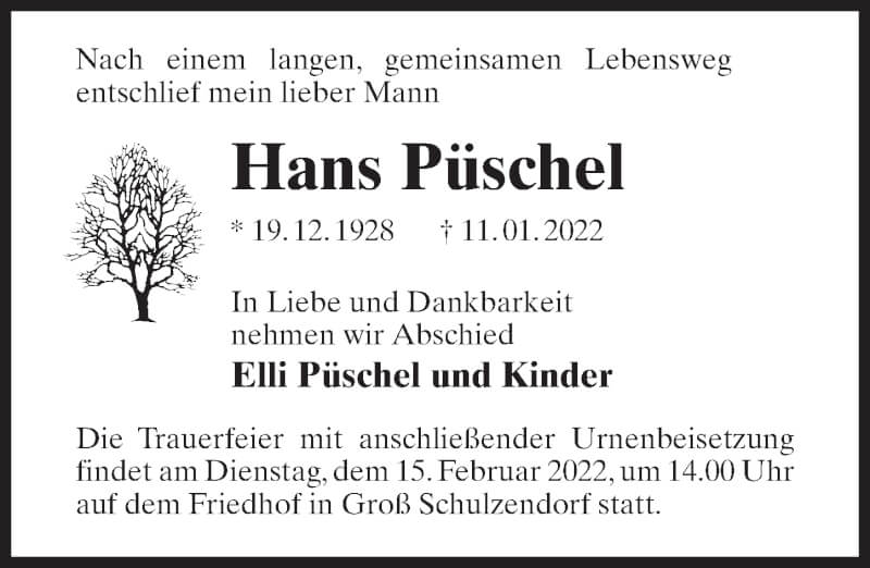  Traueranzeige für Hans Püschel vom 29.01.2022 aus Märkischen Allgemeine Zeitung