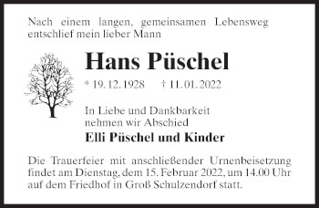 Traueranzeige von Hans Püschel von Märkischen Allgemeine Zeitung