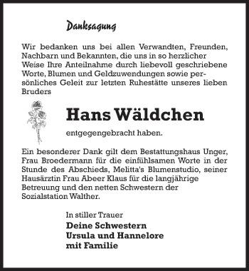 Traueranzeige von Hans Wäldchen von Märkischen Allgemeine Zeitung