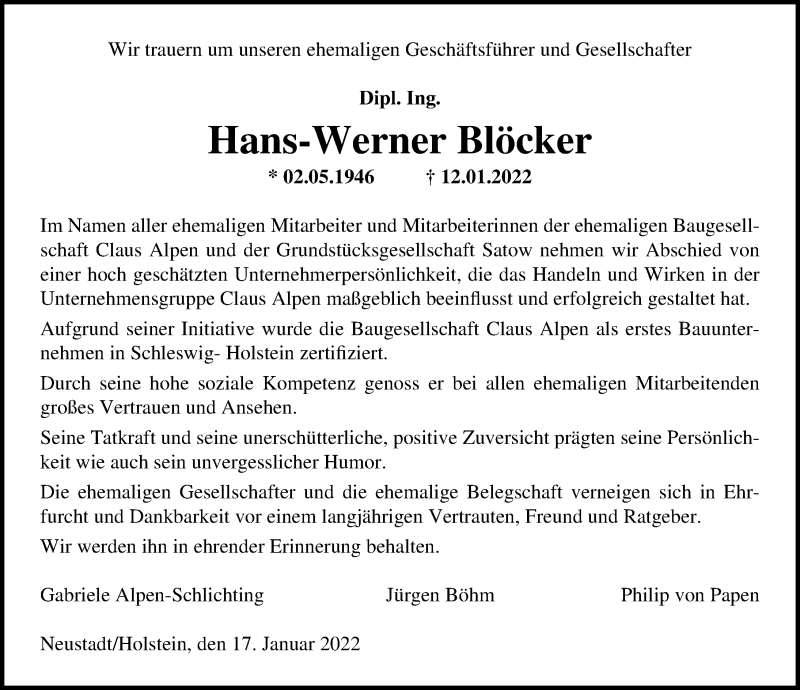  Traueranzeige für Hans-Werner Blöcker vom 19.01.2022 aus Lübecker Nachrichten