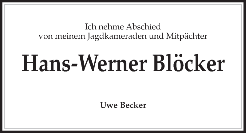  Traueranzeige für Hans-Werner Blöcker vom 19.01.2022 aus Kieler Nachrichten