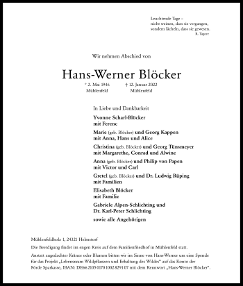 Traueranzeige von Hans-Werner Blöcker von Kieler Nachrichten