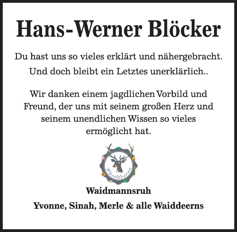  Traueranzeige für Hans-Werner Blöcker vom 15.01.2022 aus Kieler Nachrichten