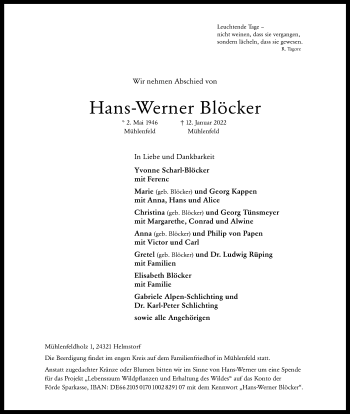 Traueranzeige von Hans-Werner Blöcker von Lübecker Nachrichten