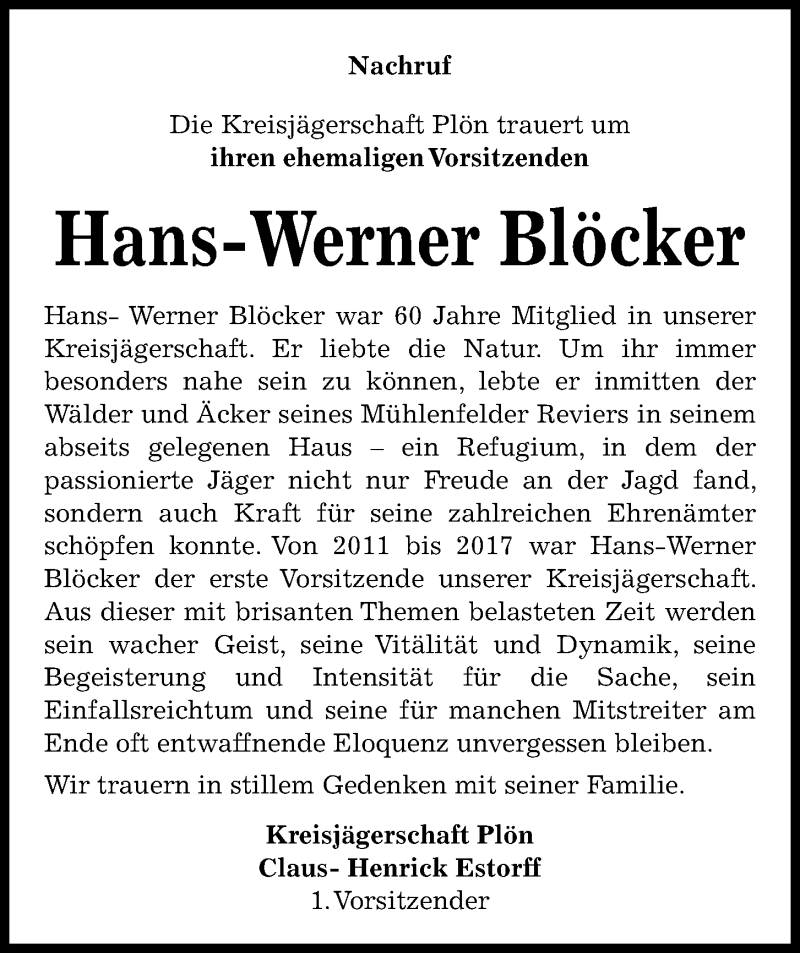  Traueranzeige für Hans-Werner Blöcker vom 21.01.2022 aus Kieler Nachrichten