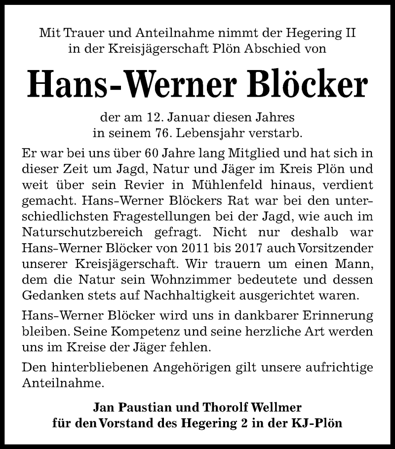  Traueranzeige für Hans-Werner Blöcker vom 21.01.2022 aus Kieler Nachrichten