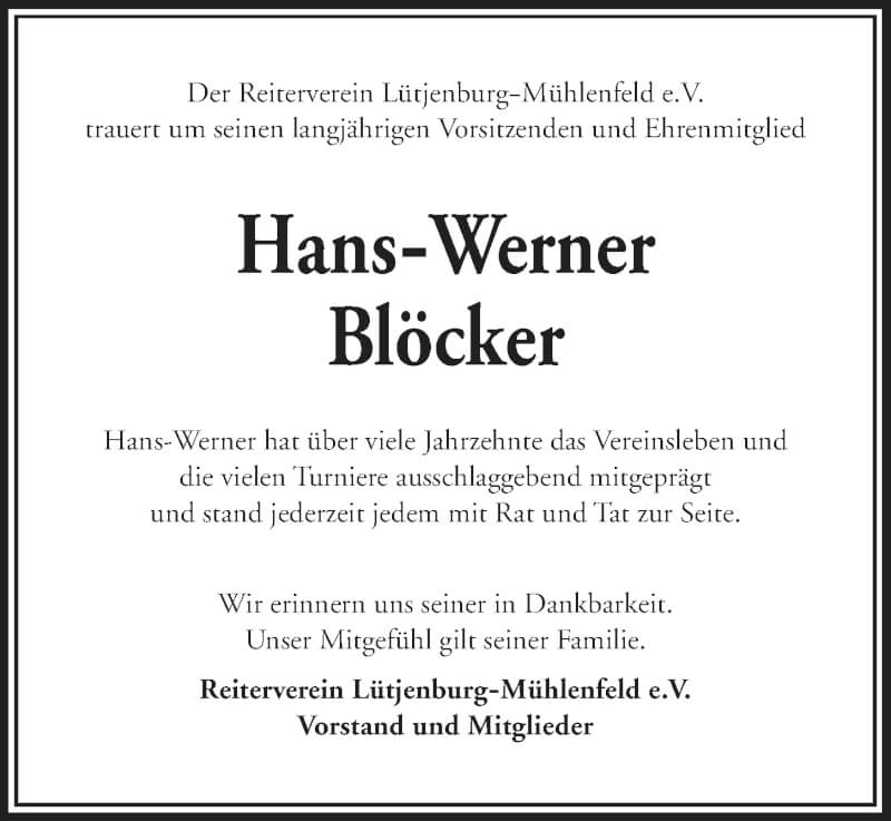  Traueranzeige für Hans-Werner Blöcker vom 22.01.2022 aus Kieler Nachrichten
