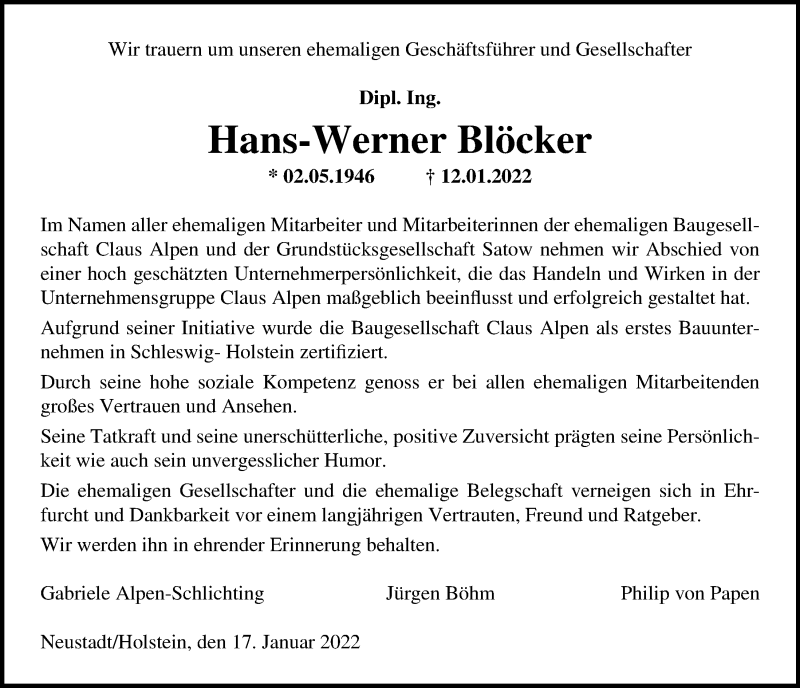  Traueranzeige für Hans-Werner Blöcker vom 19.01.2022 aus Kieler Nachrichten