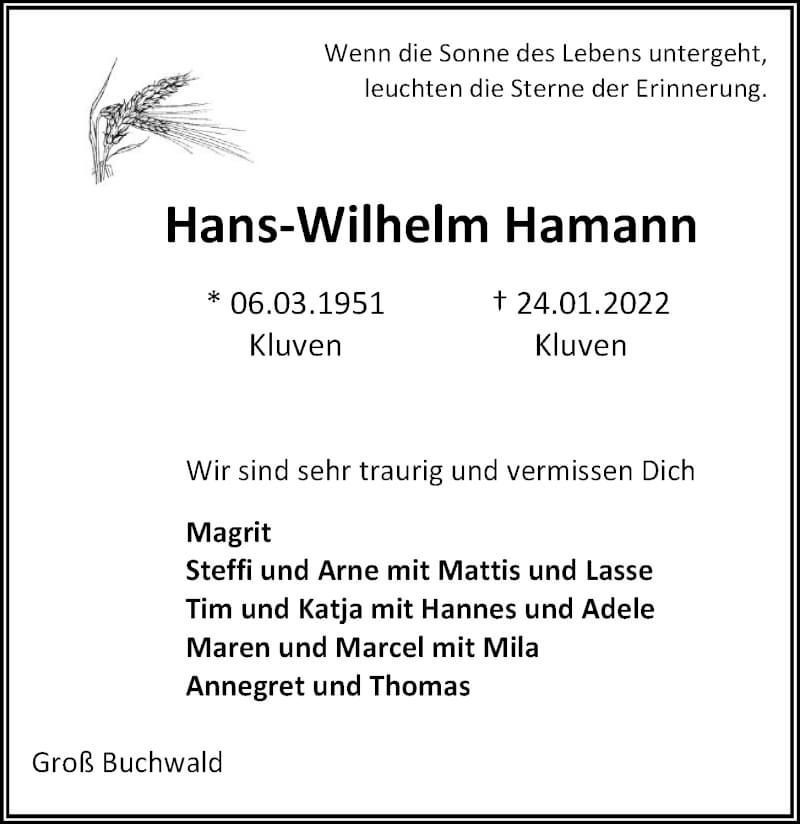  Traueranzeige für Hans-Wilhelm Hamann vom 29.01.2022 aus Kieler Nachrichten