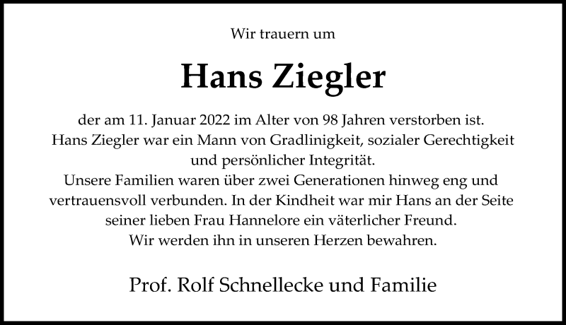  Traueranzeige für Hans Ziegler vom 15.01.2022 aus Aller Zeitung