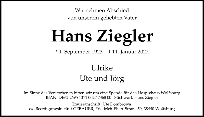  Traueranzeige für Hans Ziegler vom 15.01.2022 aus Aller Zeitung