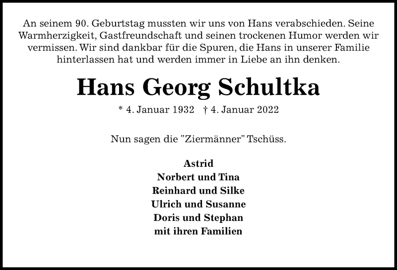  Traueranzeige für Hans Georg Schultka vom 08.01.2022 aus Kieler Nachrichten