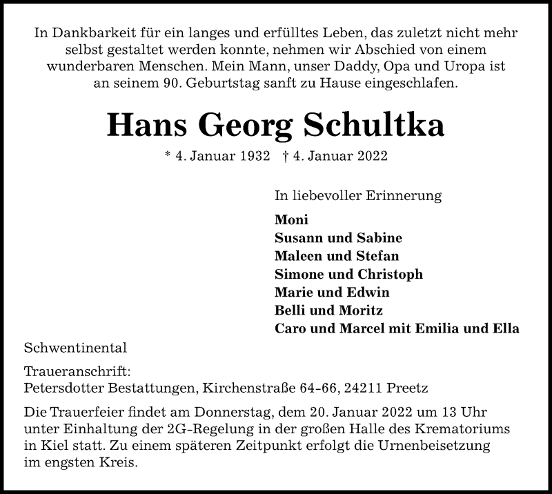 Traueranzeige für Hans Georg Schultka vom 08.01.2022 aus Kieler Nachrichten