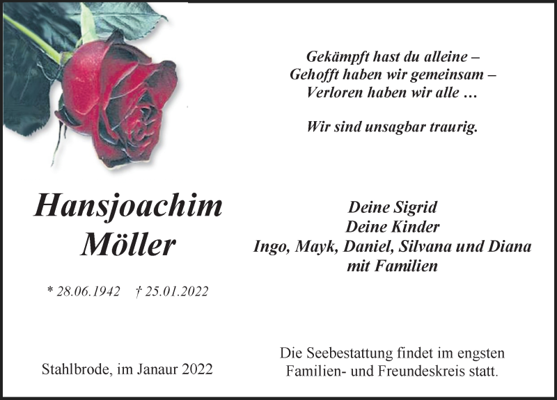  Traueranzeige für Hansjoachim Möller vom 29.01.2022 aus Ostsee-Zeitung GmbH