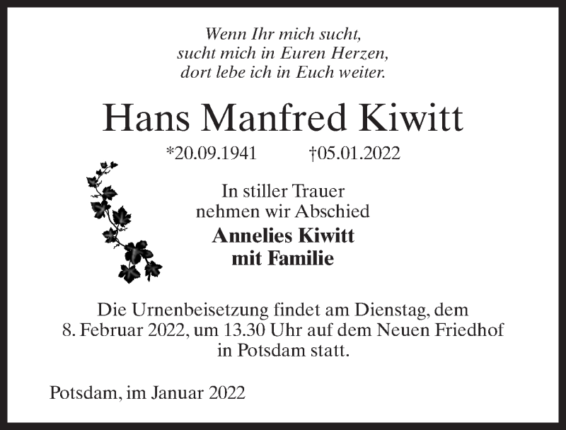  Traueranzeige für Hans Manfred Kiwitt vom 22.01.2022 aus Märkischen Allgemeine Zeitung