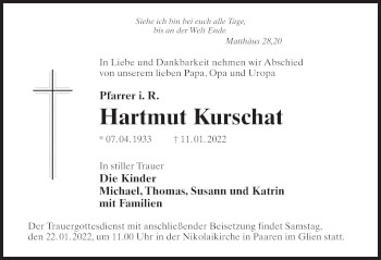 Traueranzeige von Hartmut Kurschat von Märkischen Allgemeine Zeitung