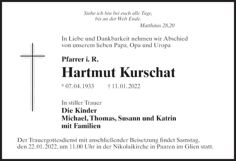  Traueranzeige für Hartmut Kurschat vom 15.01.2022 aus Märkischen Allgemeine Zeitung