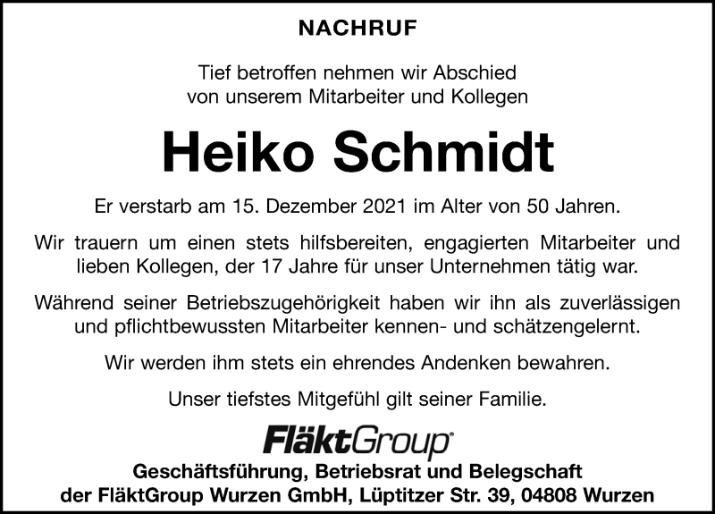  Traueranzeige für Heiko Schmidt vom 15.01.2022 aus Leipziger Volkszeitung