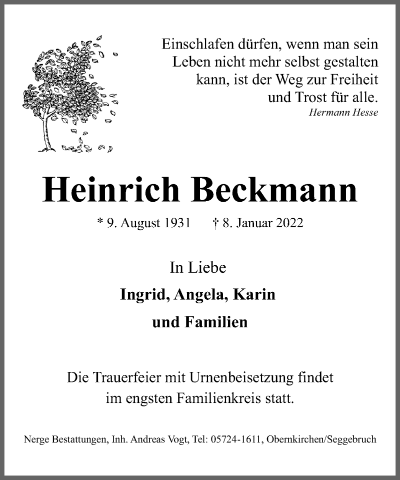  Traueranzeige für Heinrich Beckmann vom 15.01.2022 aus Schaumburger Nachrichten