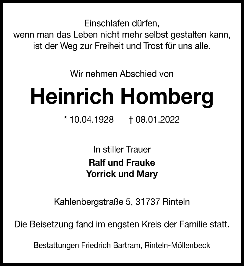  Traueranzeige für Heinrich Homberg vom 15.01.2022 aus Schaumburger Nachrichten