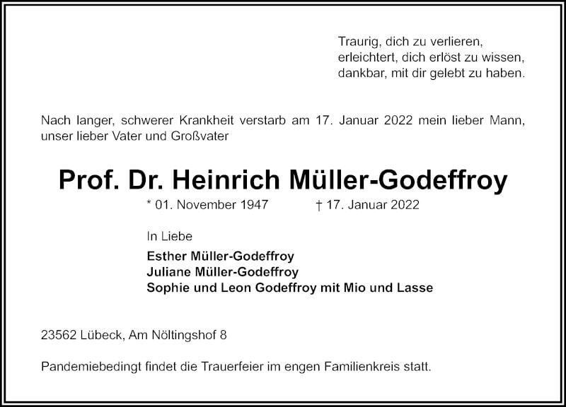  Traueranzeige für Heinrich Müller-Godeffroy vom 23.01.2022 aus Lübecker Nachrichten