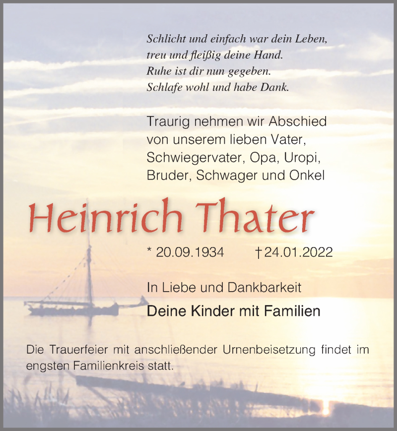  Traueranzeige für Heinrich Thater vom 29.01.2022 aus Ostsee-Zeitung GmbH